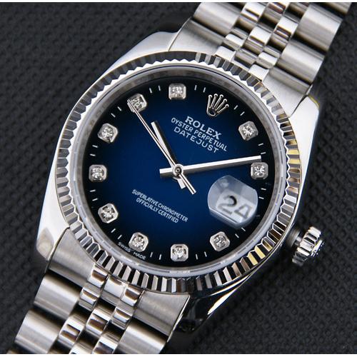 高仿劳力士ROLEX-日志型37mm系列 槽牙边框 深蓝色镶钻表盘 瑞士ETA-2836机芯 高仿1:1劳力士手表