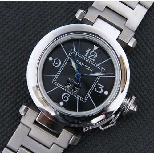 高仿卡地亚CARTIER 帕莎系列手表 最佳N版 黑色数字旋转边框 黑色表盘 精钢表带 高仿1:1卡地亚手表