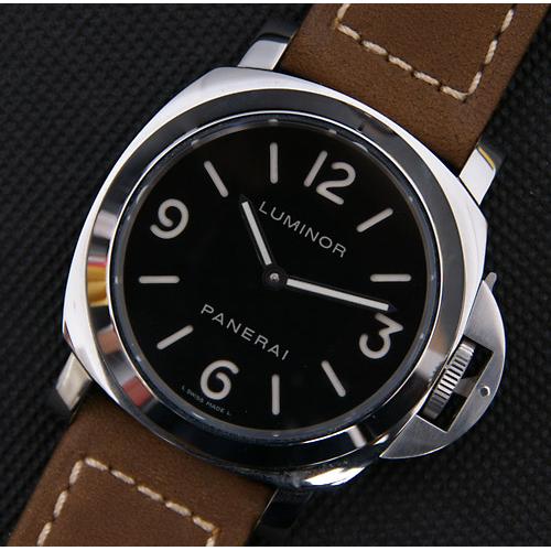 高仿沛纳海PANERAI-Luminor Base系列手表 H版 超级夜光 黑色表盘 深棕色手缝皮表带 亚洲海欧6497机芯 高仿1:1沛纳海手表